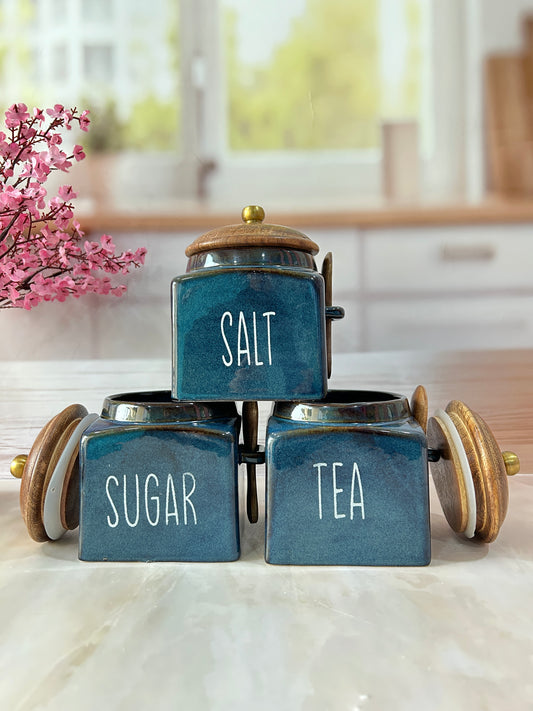 Deep Blue Diamond Artisan Square desings Tea ,sugar, Salt ,airtight container 500ml