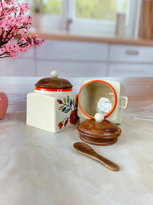 Floral Hand Painted Designs with Love Retreat (1/2 kg) Airtight Square Jars with spoon