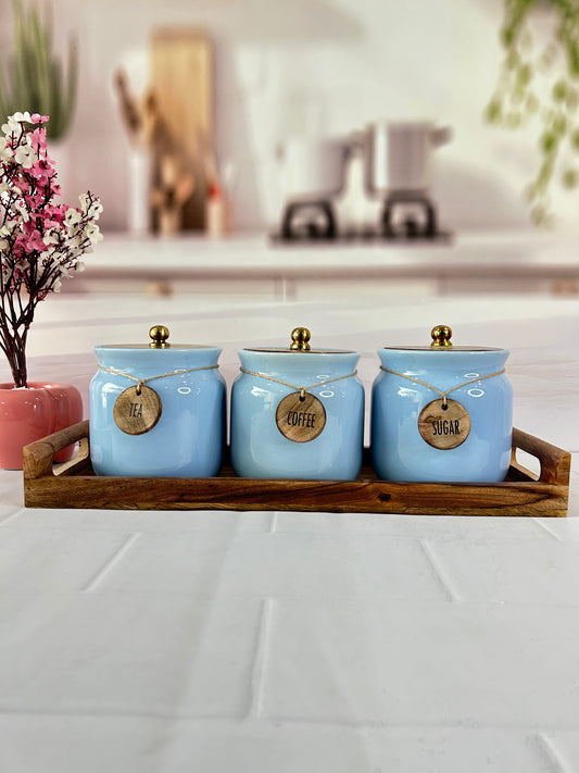 Sky Blue Wonders Sweet Home Airtight Matka Tea ,Coffee, Sugar, Solid Ceremic Canisters (500ml)