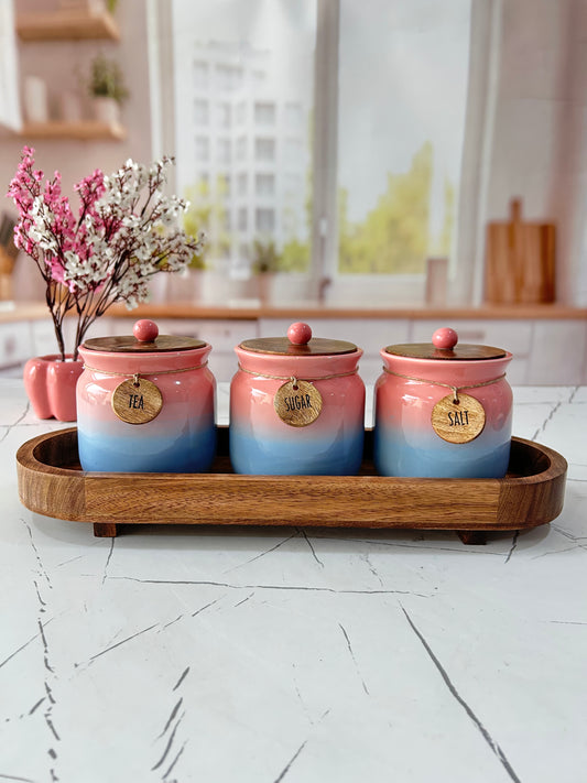 Peacock Pink Airtight Matka Tea , Sugar, Salt, Solid Ceremic Canisters (500ml)