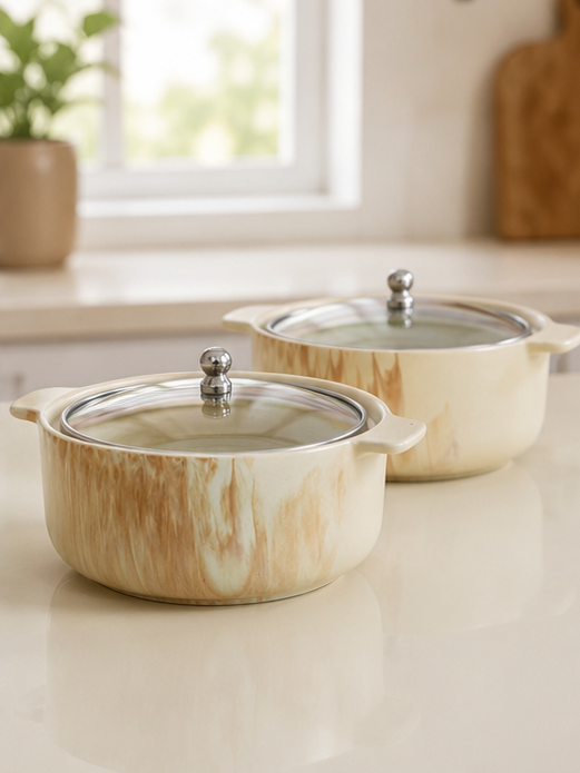 Ivory Cream Glaze Ceramic Serving Bowls with Glass Lids –(800 ml) Set of 2