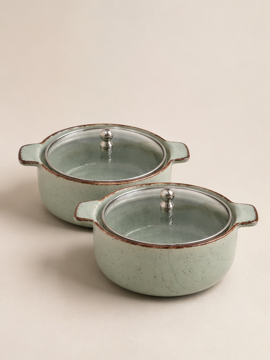 Mint Everyday Ceramic Serving Bowl Set with Glass Lid Set of 2 (800 ml)