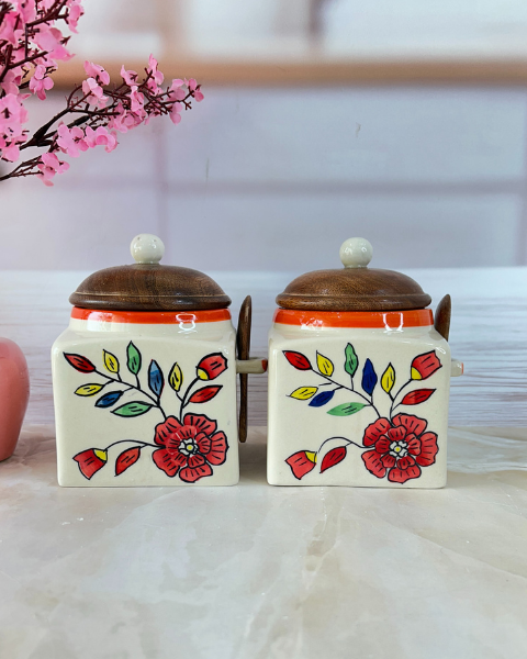 Floral Hand Painted Designs with Love Retreat (1/2 kg) Airtight Square Jars with spoon