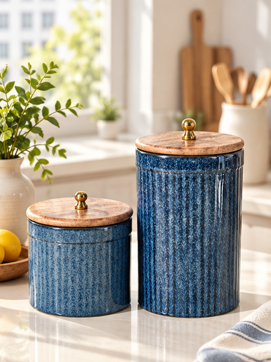 Royal Blue Ceramic Pillar Ring Pipe Storage Jars with Wooden Lids