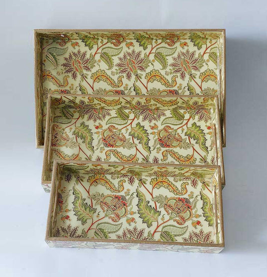 Golden Yellow Mughal Wooden Rectangular Tray : Grey Pottery