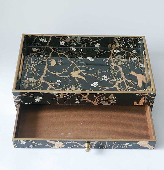 Golden Nightingale Wooden Rectangular Tray With Drawer : Grey Pottery