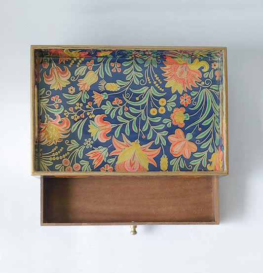 Golden Blue Bagh Wooden Rectangular Tray With Drawer : Grey Pottery