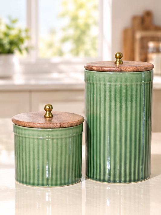 Olive Green Fluted Ceramic Pillar Ring Pipe Storage Jars with Wooden Lids