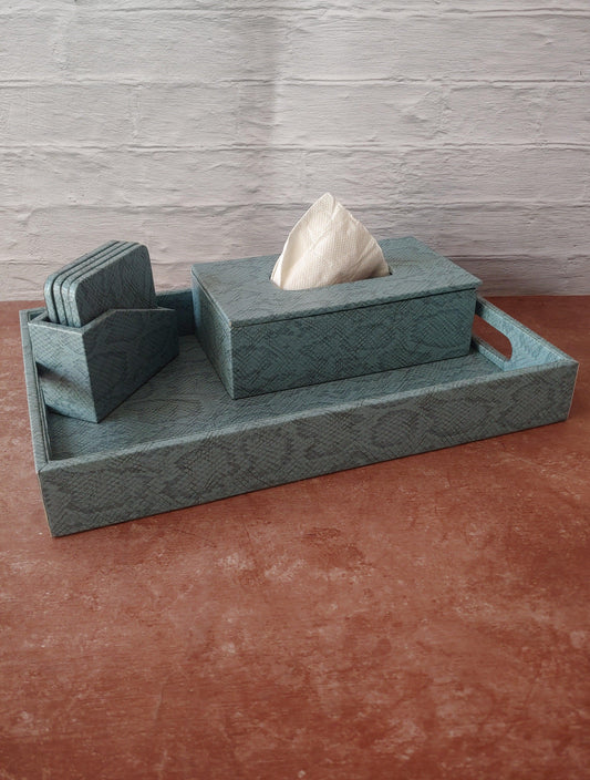 Earthy Blue Premium Leather Serving Tray along with tissue holder and coasters