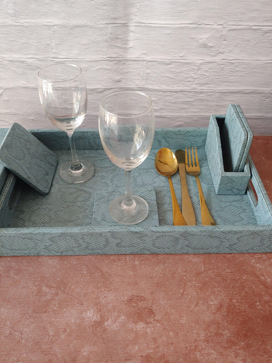 Earthy Blue Premium Leather Serving Tray along with tissue holder and coasters