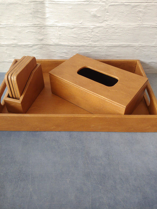 Fawn Marble Premium Leather Serving Tray along with tissue holder and coasters