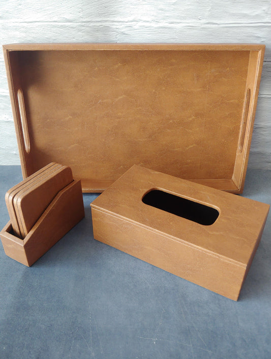 Fawn Marble Premium Leather Serving Tray along with tissue holder and coasters