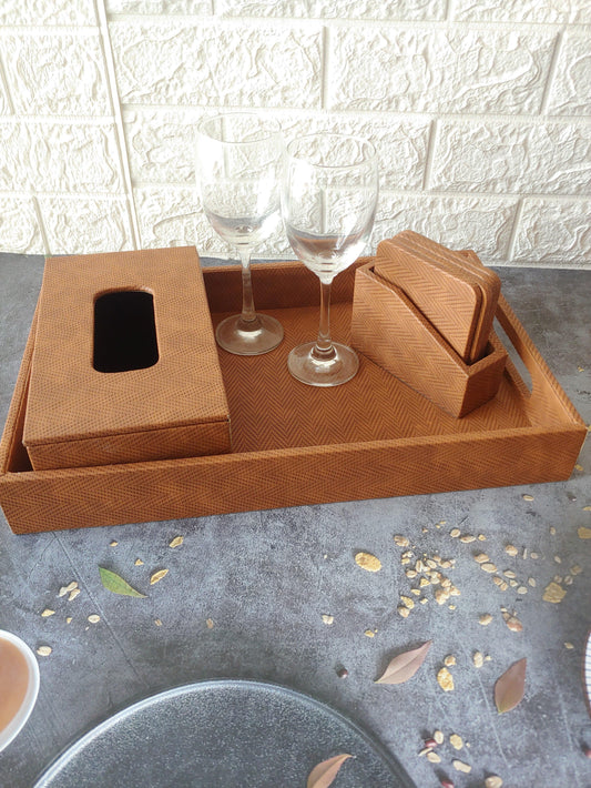 Fawn Zigzag Premium Leather Serving Tray along with tissue holder and coasters