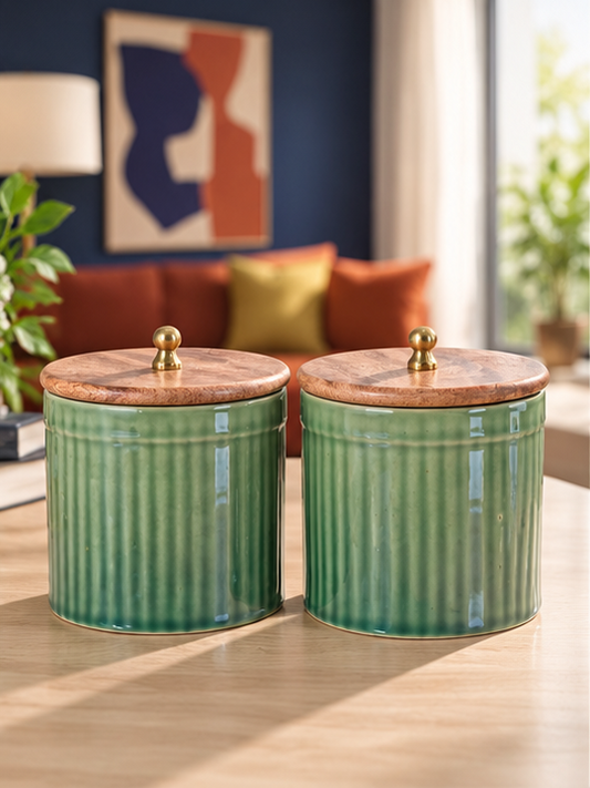Olive Green Fluted Ceramic Pillar Ring Pipe Ceramic Storage Airtight Collection (500ml) Set of 2