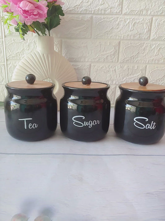 Black Matka  airtight Solid Ceremic Tea  Sugar Salt containers  500ml