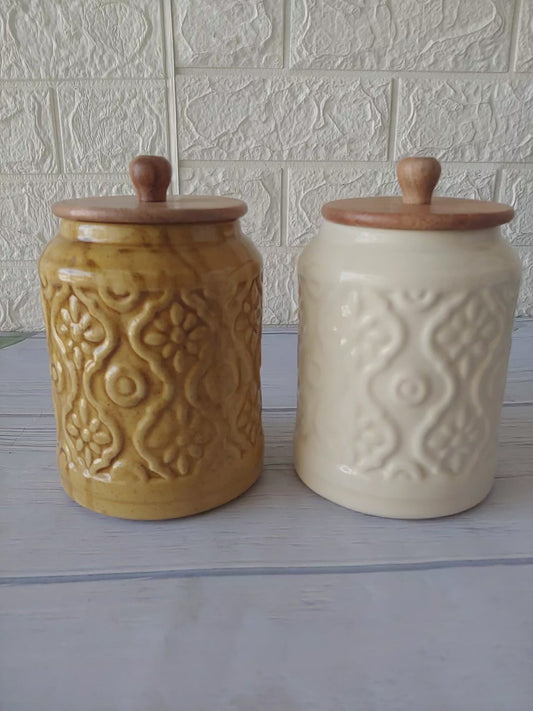 Embossed Airtight Ceramic Container with Wodden Lid