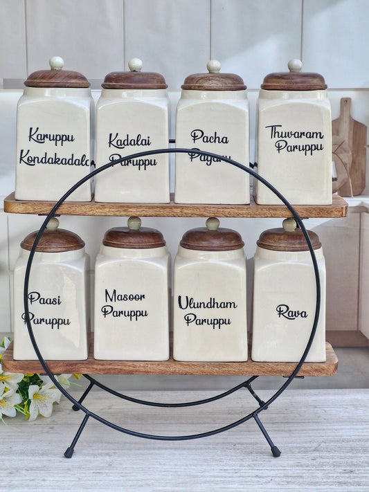 The Modern Indian Paruppu Delight Airtight Ceramic (1.5kg) Container with wooden Lid - Tamil