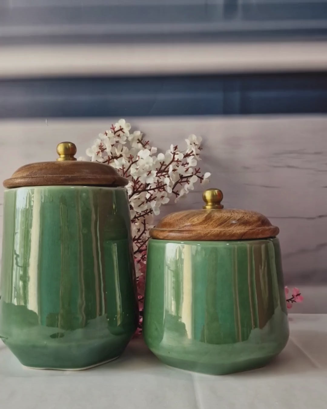 Glossy Green Airtight Ceramic Container (Set of 2, 1kg,1/2 kg)