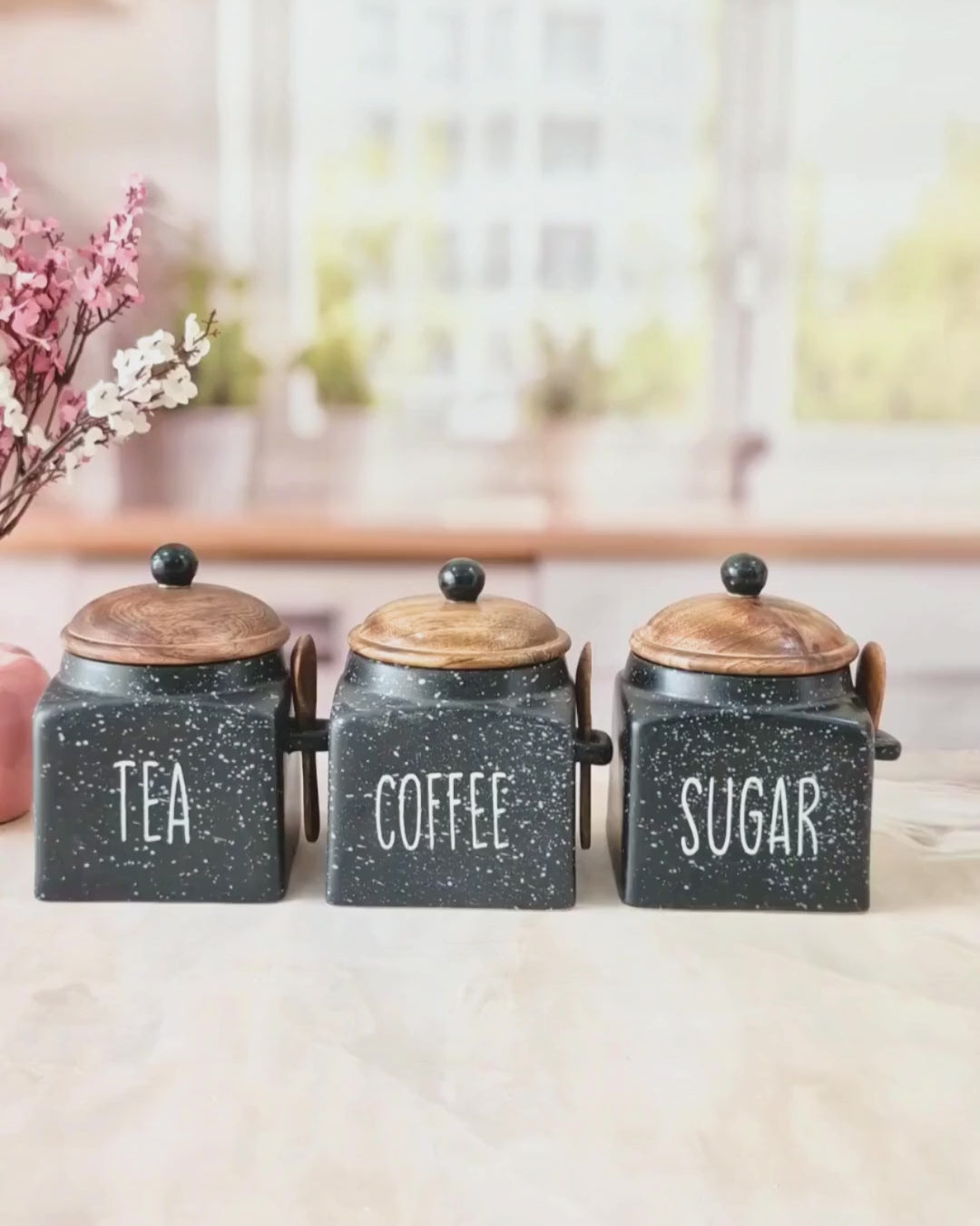Speckled Black Ceramic Airtight Tea Coffee Sugar Canister with Spoon 500ml