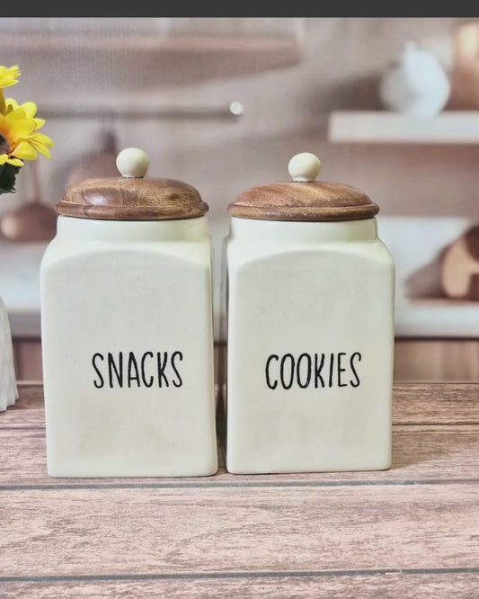Modern Kitchen Ceramic Canister (Snacks & Cookies) 1kg Set with Wooden Lids