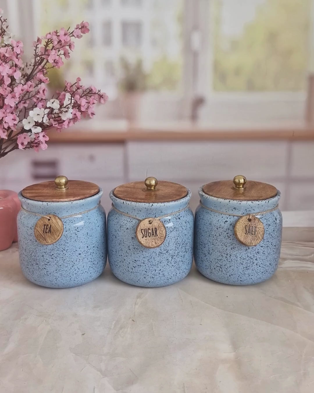 Rustic Sky Blue Ceramic Airtight Matka Tea Sugar Salt with Wooden Lid  1/2 kg