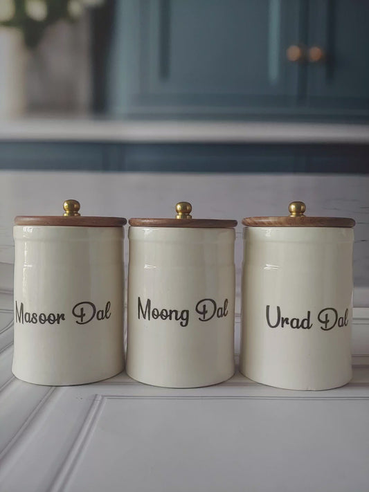 The Perfect Pairing kitchen Spice Dal Delight Airtight Ceramic Container (1kg) with wooden Lid