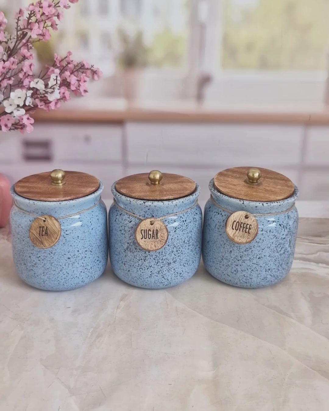 Rustic Sky Blue Ceramic Airtight Matka Tea Coffee Sugar with Wooden Lid  1/2 kg