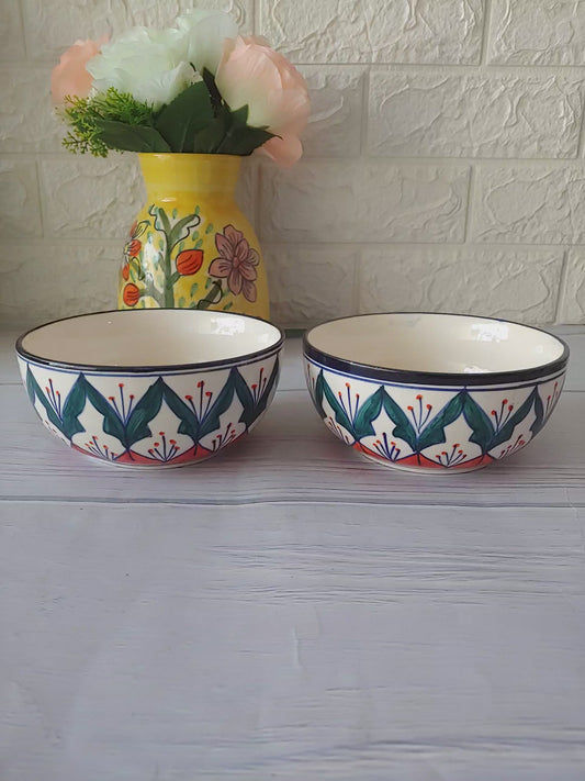 Lotus Flower Blue Handpainted Designer Ceramic Serving Bowls set of 2