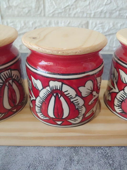 Cherry Bloom Ceramic Kimchi Pickle Jar Set with wooden lid and tray