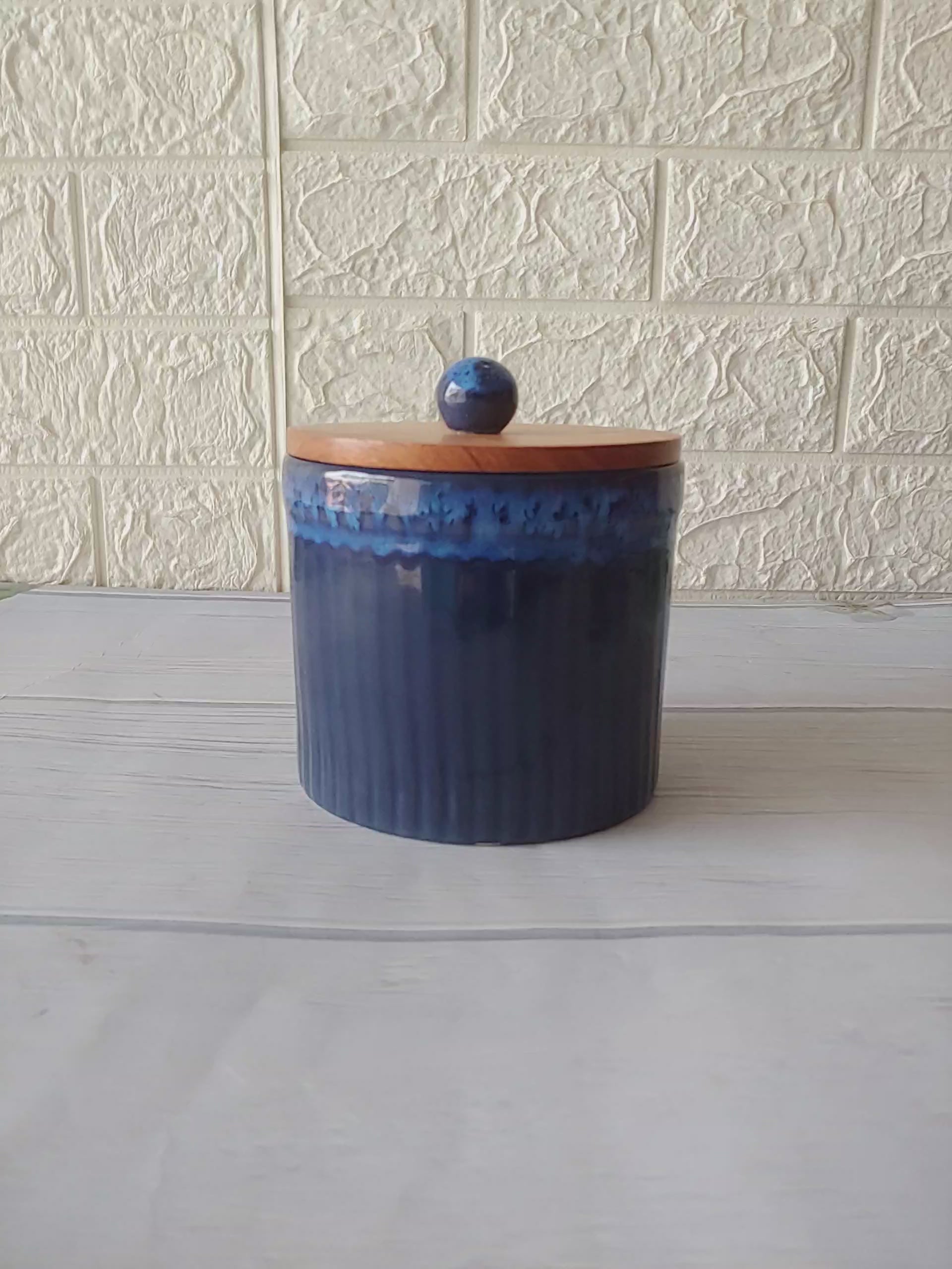 Blue Airtight Ceramic container  with Wodden Lid