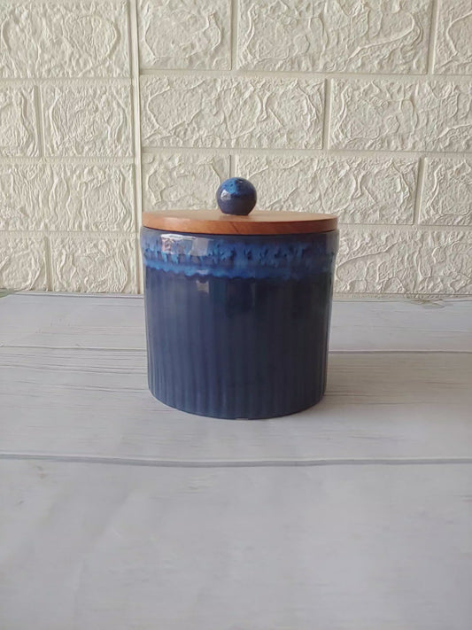 Blue Airtight Ceramic container  with Wodden Lid