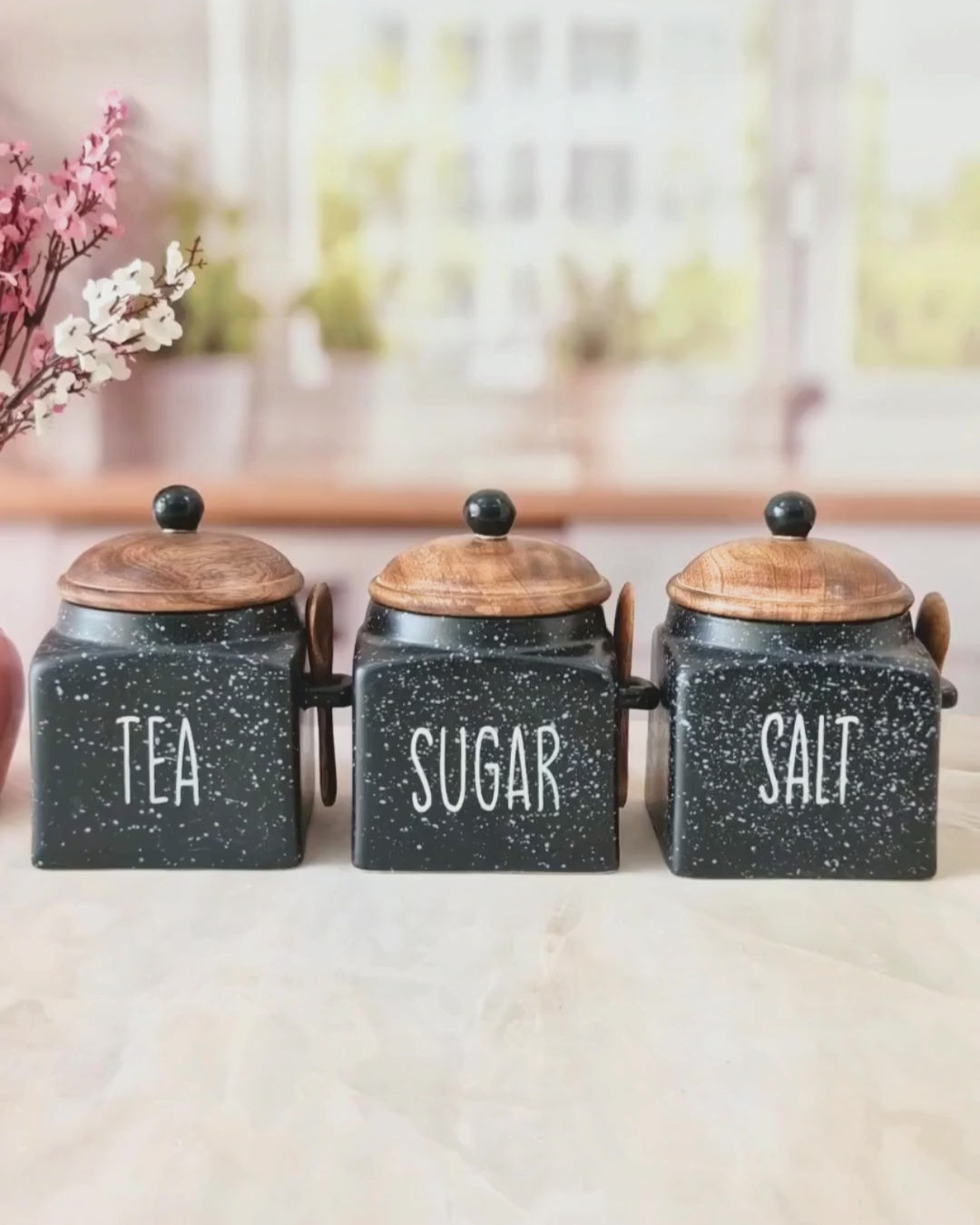 Speckled Black Ceramic Airtight Tea Sugar Salt Canister with Spoon 500ml