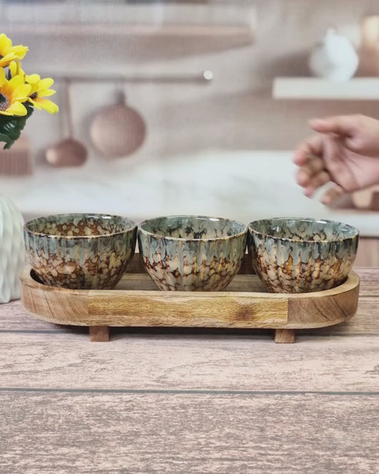 Artisan Speckled Glaze Serving Bowl Set with wooden tray