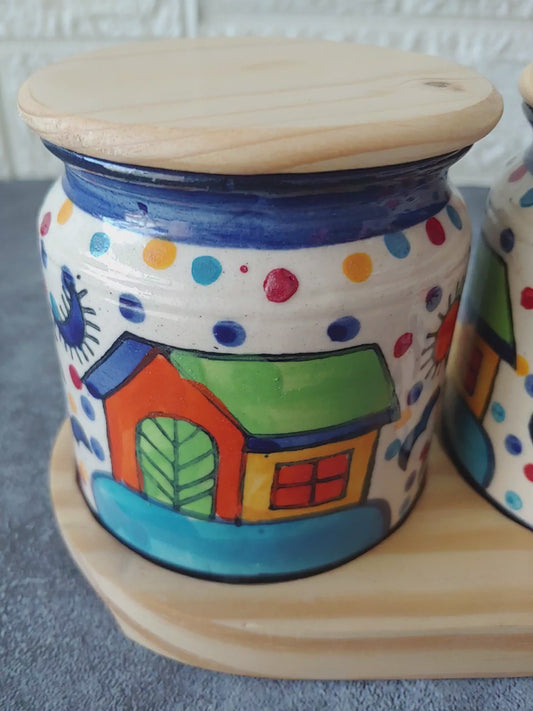 Hand Painted  kimchi Pickle Jar Set with wooden lid and tray