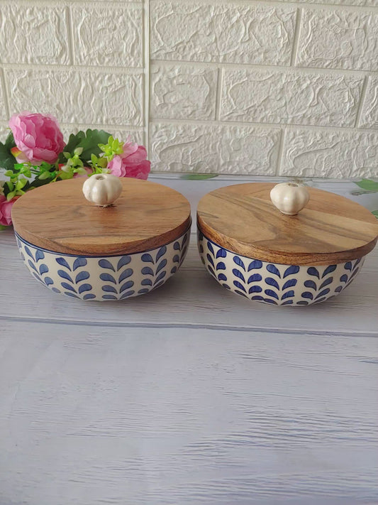 Ceramic Blue  Round Geometric Set of 2  Small Bowls with lid