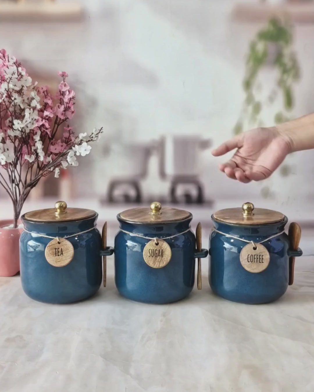 Blue Diamond Ceramic Airtight Matka Tea, Coffee, Sugar Canister with Wooden Lid & spoon 1/2 kg