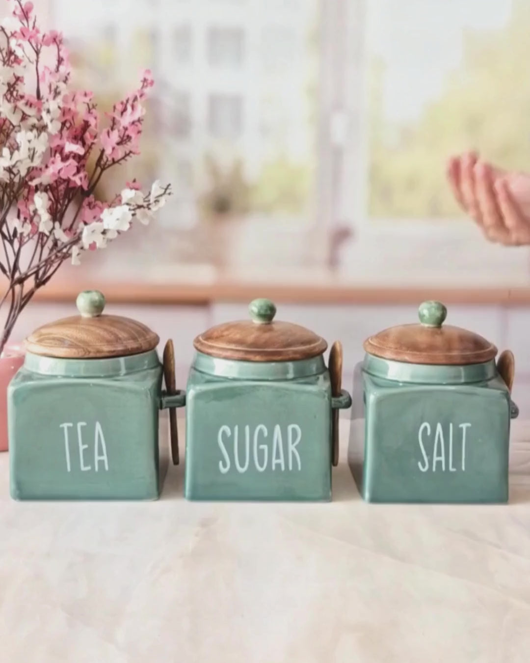 Green Square Ceramic Airtight Tea Sugar Salt Canisters with spoon 500ml