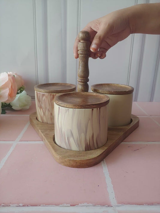 Ivory Artisan Stoneware Stackable Ceramic Spice Jars (300ml) with Wood Base