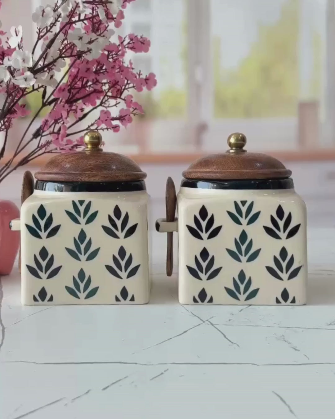 Lotus Hand Painted Designs   Airtight  Square Jars (1/2 kg) with spoon for Spices & Cookies