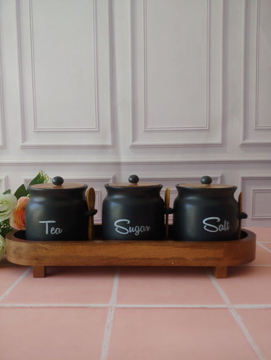 Black Matka airtight Solid Ceramic Tea Sugar Salt containers 500ml