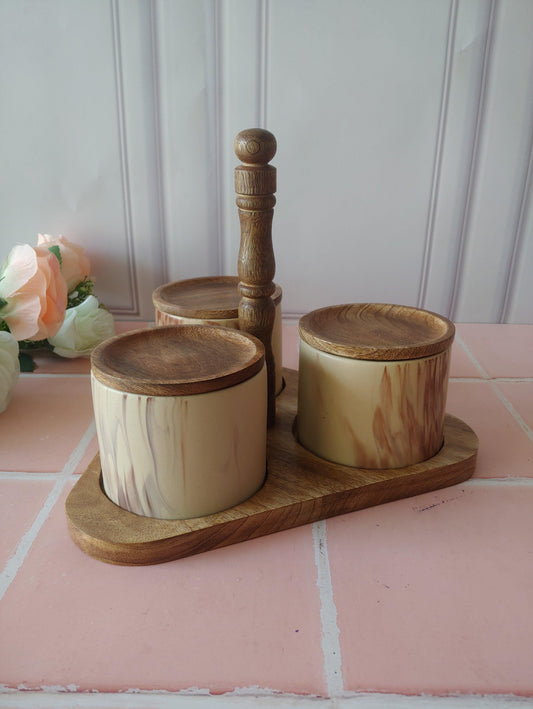 Ivory Artisan Stoneware Stackable Ceramic Spice Jars (300ml) with Wood Base