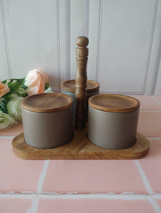 Beige Mist Stackable Ceramic Spice Jars (300ml) with Wood Base
