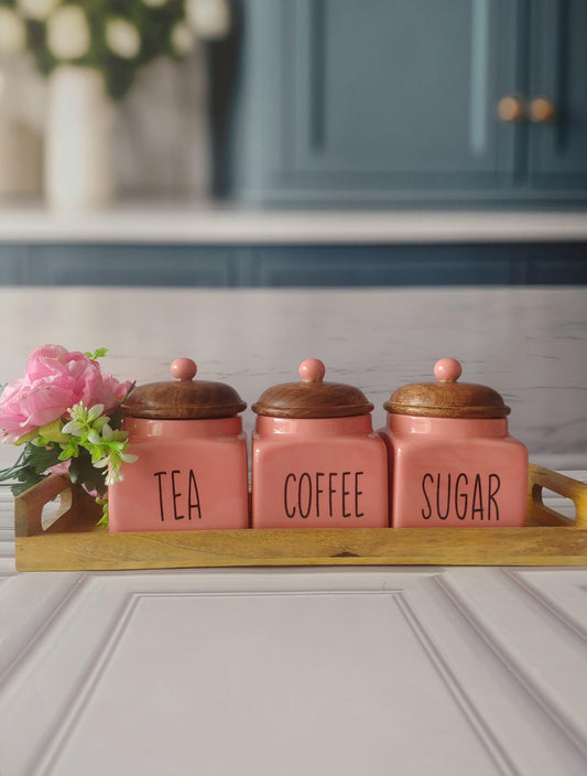 Pinkish Beauty Square Solid Tea ,Coffee, Sugar ,Ceramic Canisters 500 ml