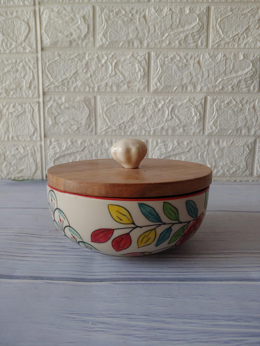Handpainted Leaf Designer Serving Bowl with lid