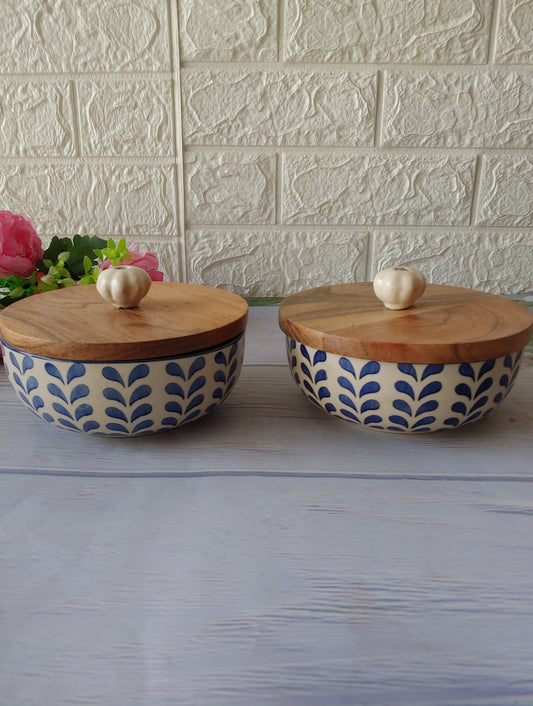 Ceramic Blue  Round Geometric Set of 2  Small Bowls with lid