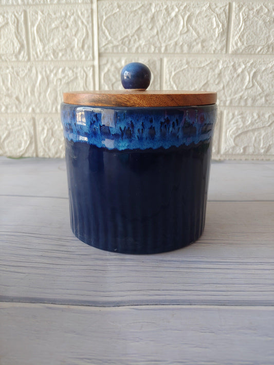 Blue Airtight Ceramic container with Wodden Lid