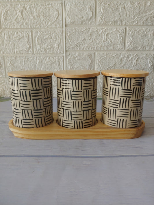 Geometric kitchen storage airtight containers  Set with wooden lid and tray