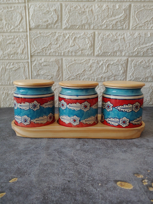 The Spice Trio of Treats Ceramic Kimchi Pickle Jar Set with wooden lid and tray