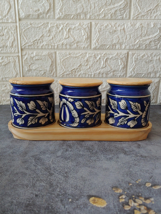 The Blue Bloomers Ceramic Kimchi Pickle Jar Set with wooden lid and tray