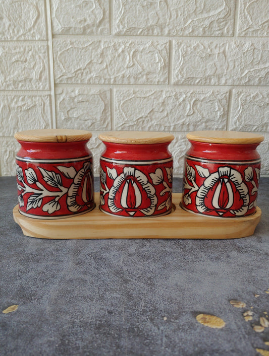 Cherry Bloom Ceramic Kimchi Pickle Jar Set with wooden lid and tray